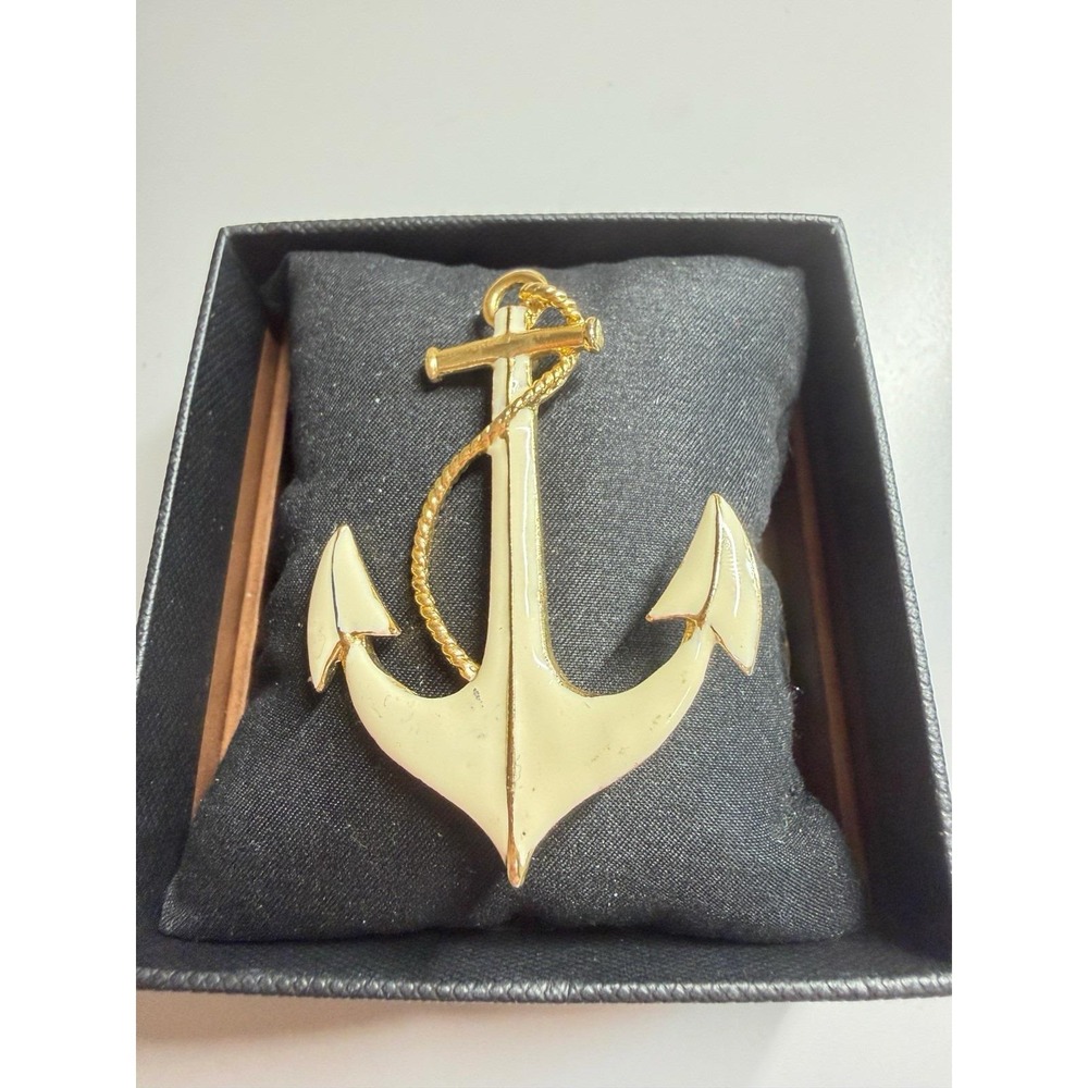 Vintage Park Lane Anchor Brooch Pin Navy Sea Ship White Enamel Gold Tone